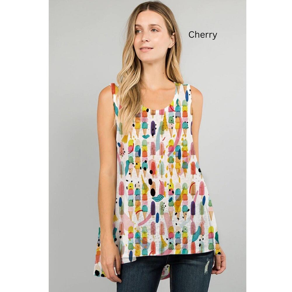 Et Lois Top Women's M Summer Treats Soft Knit Top A-Line Hi Low Tank Artsy